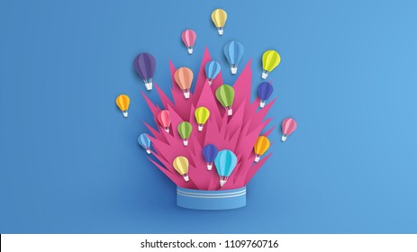 Illustration of hot air balloon floating up from explosion box. Abstract hot air balloon design in paper art style. paper cut and craft style. vector, illustration.