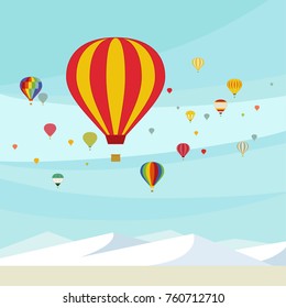  Illustration of a hot air balloon floating on a snowy mountain. vector flat design