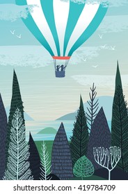 Illustration of hot air balloon, flying over the landscape