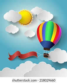  illustration hot air balloon with message on banner, paper art style.