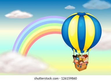 Illustration of a hot air balloon near the rainbow