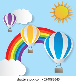 Illustration of a hot air balloon near the rainbow