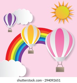 Illustration of a hot air balloon near the rainbow
