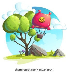 illustration of a hot air balloon on a background of trees and rocks