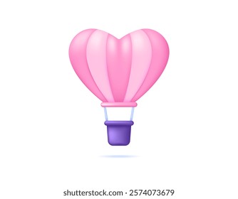 illustration of a hot air balloon shaped like a heart. pink hot air balloon. symbol or icon. minimalist 3d style design. design element. valentine's day