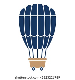 Illustration of a hot air balloon soaring through the sky with a brown basket and wheels