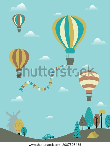 Illustration of Hot air balloons, forest,\
camp and car. Vector\
illustration