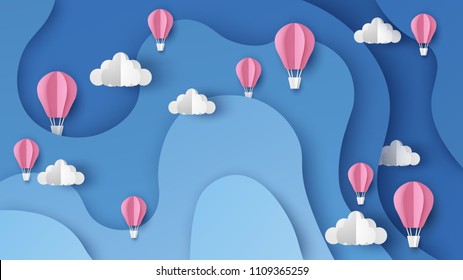 Illustration of hot air balloons on abstract sky background. Hot air balloon float up in the sky. paper cut and craft style. vector, illustration.