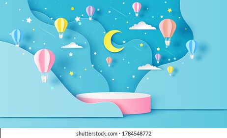 Illustration of hot air balloons on abstract night sky background with circular stage podium and blank space. paper cut and craft style. vector, illustration.