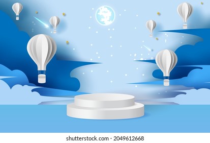 Illustration of hot air balloons on abstract night sky background with circular stage podium and blank space. paper cut and craft style. Paper night balloons on sky background vector. minimal space