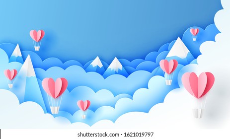 Illustration of hot air balloons in shape of heart float up on sky background. paper cut and craft style. vector, illustration.