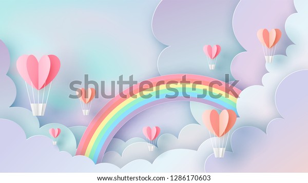 虹の空の背景に心の形をした熱風船のイラスト パステルの色 バレンタインデー用の紙切れデザイン 紙の切れ目と工芸のスタイル ベクター画像 イラトス のベクター画像素材 ロイヤリティフリー