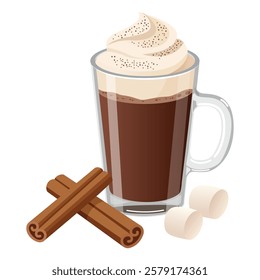 Illustration of a hot chocolate with whipped cream on top, alongside cinnamon sticks and marshmallows