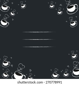 Illustration of hot coffee cup, background with space for text. Color dark grey.
