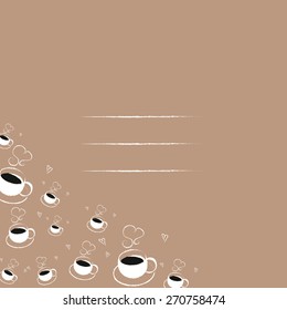 illustration of hot coffee cup on patterned background with space for text
