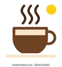 Illustration of a hot coffee cup with steam rising and a yellow sun icon, representing a warm morning beverage or sunny day concept.