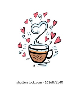 Illustration of hot coffee with milk in mug and hearts around. Cute doodle style illustration.