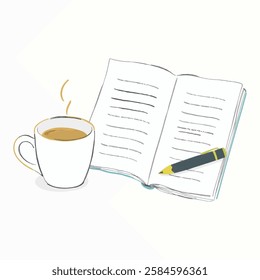 Illustration of a Hot Coffee Mug Beside Book or Journal or Reports. Ideal for work ethic, financial analysis, and business productivity.