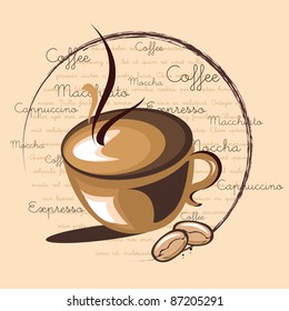 illustration of hot coffee on word cloud background with related words