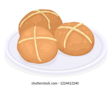 Illustration of Hot Cross Buns on a Plate Served and Eaten Traditionally on Good Friday
