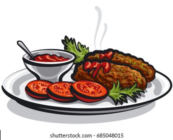 illustration of hot cutlets with sauce and tomatoes on plate