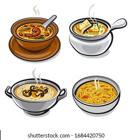 ilustración de las diferentes sopas calientes de cocina en los cuencos