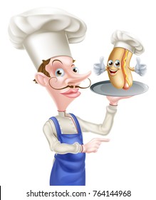 An Illustration of a Hot Dog Cartoon Chef Pointing