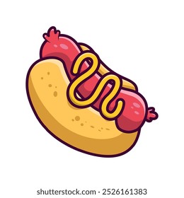 Illustration of hot dog in cartoon style. Design element for logo, label, badge, emblem. Vector illustration