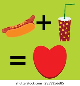 Illustration with hot dog , drink and heart;  vector illustration;