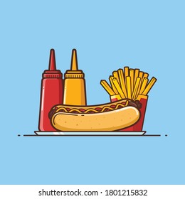 Illustration of Hot Dog and French Fries with Sauce Menu, Vector Cartoon Isolated - Foods and Drinks Illustration Cartoon Style.