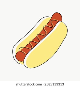 Illustration of a hot dog with mustard. Simple hot dog drawing. Hot dog with bun and mustard. Minimalist hot dog art.