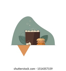 Illustration of hot drink cocoa and biscuits and marshmallows. Flat vector design for flyer or banner or decoration.
