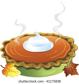 Illustration of a hot homemade pumpkin pie with a dollop of whipped cream on top