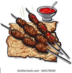 illustration of hot meat kebabs on bread pita with tomato sauce