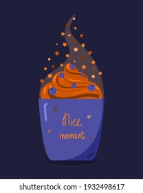 Illustration of a hot mug with glitter and stars over a blue background for cold days. Festive mood illustration in vector. Mug with coffee and cream. Cafe and cafe concept.