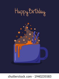 Illustration of a hot mug with glitter and stars over a blue background for cold days. Festive mood illustration in vector. Mug with coffee and cream. Cafe and cafe concept.