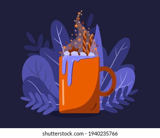Illustration of a hot mug with glitter and stars over a blue background for cold days. Festive mood illustration in vector. Mug with coffee and cream. Cafe and cafe concept.