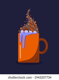 Illustration of a hot mug with glitter and stars over a blue background for cold days. Festive mood illustration in vector. Mug with coffee and cream. Cafe and cafe concept.