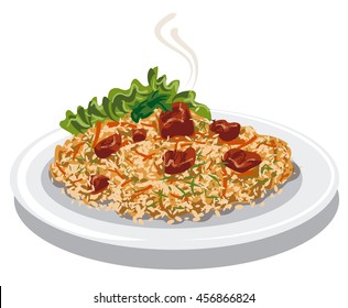 illustration of hot pilaf with rice, lamb meat and carrot on plate