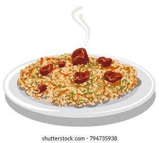 illustration of hot pilaf with rice, meat and carrot on plate