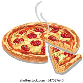 illustration of hot pizza salami with melted cheese