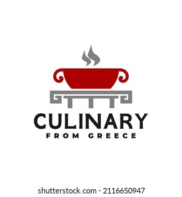 illustration of a hot pot with a greek ornament. logo for greek restaurant. restaurant logo template