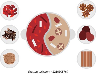 Illustration of hot pot and medicinal spices