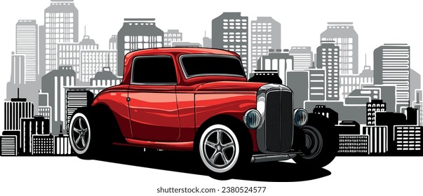 illustration of hot rod car with city in background