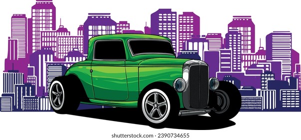 illustration of hot rod car with city in background