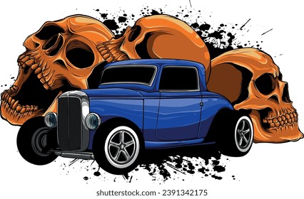 Illustration of hot rod car with skulls