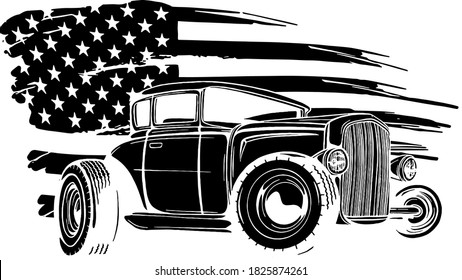 illustration with hot rod on grunge American flag black silhouette