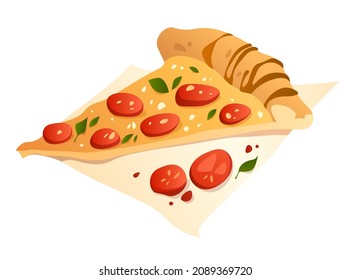 illustration of a hot slice of pizza with salami, tomatoes, spices and herbs. vector drawn illustration for use in advertising, menu, cafe, icon or sticker