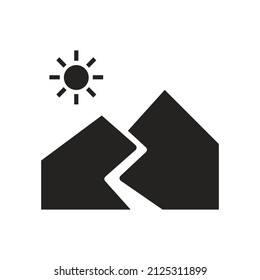 Illustration of hot sun in the mountains. Solid icons, glyphs, silhouettes.