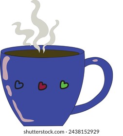 illustration of hot tea in a blue cup with hearts